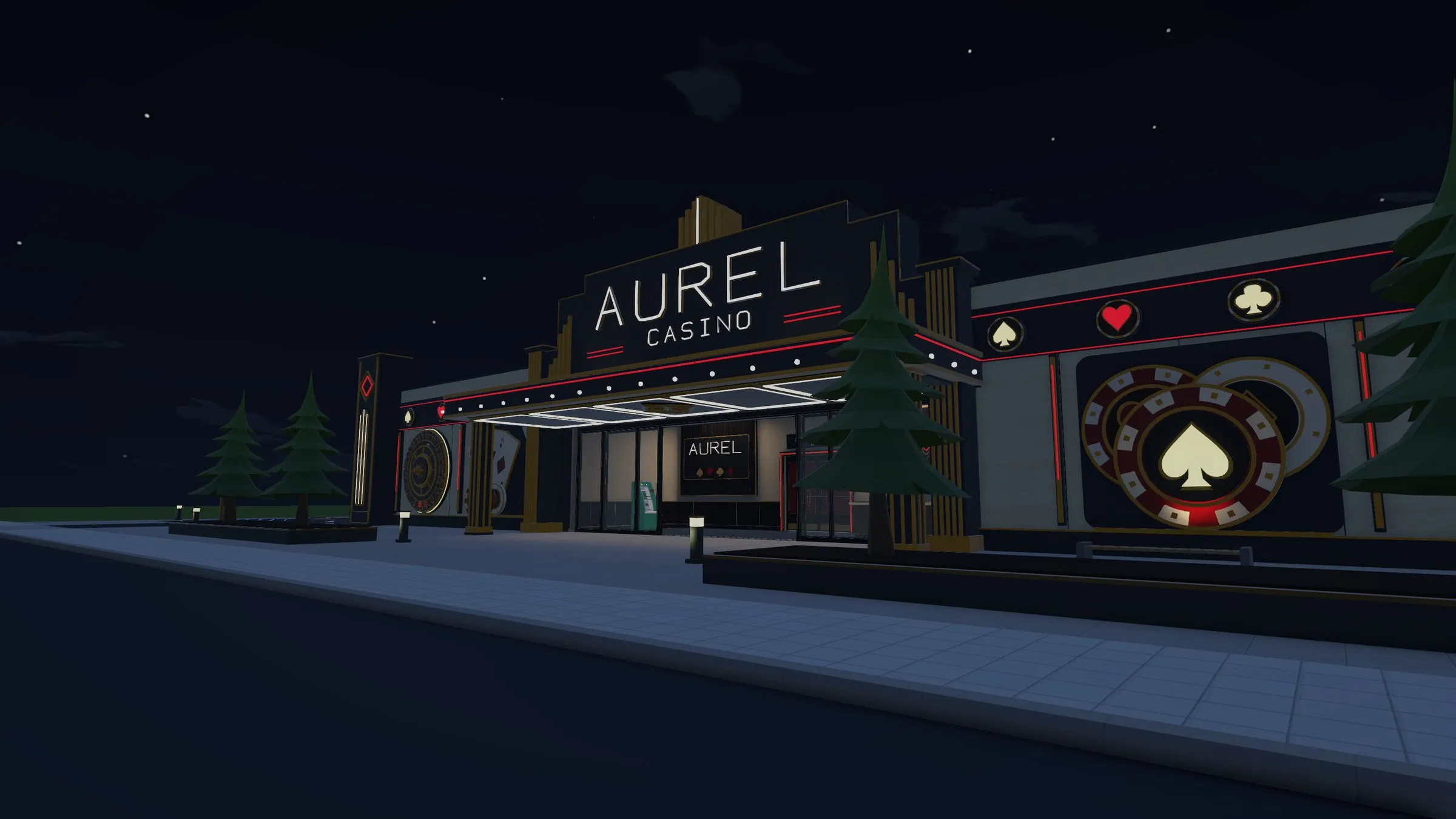 The neon sign of the Aurel Casino at night.