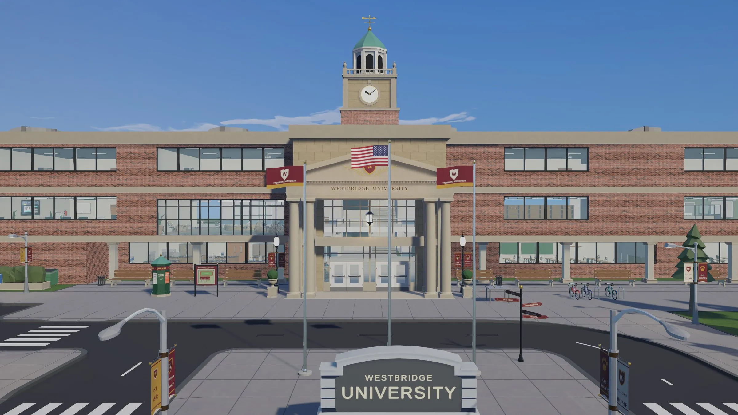 Old Main at Westbridge University, with its clock tower, maroon W banners and the university sign.