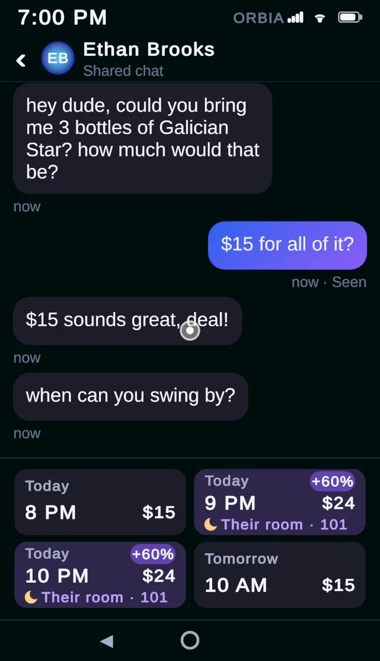 A Gram chat where Ethan Brooks orders three bottles of Galician Star.