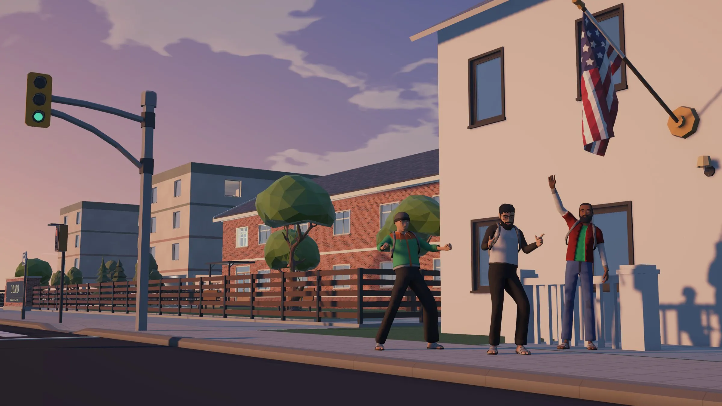 Three students wave outside Olmo Hall at dusk.