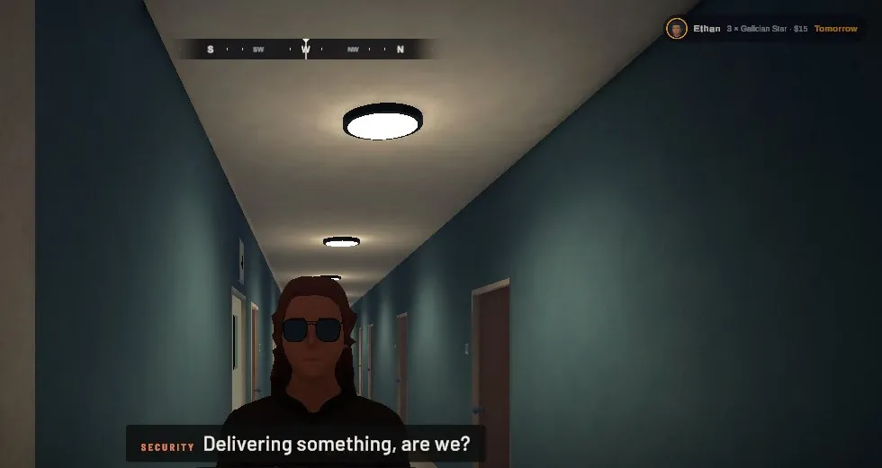 A security guard stops the player in a dark residence hallway: “Delivering something, are we?”